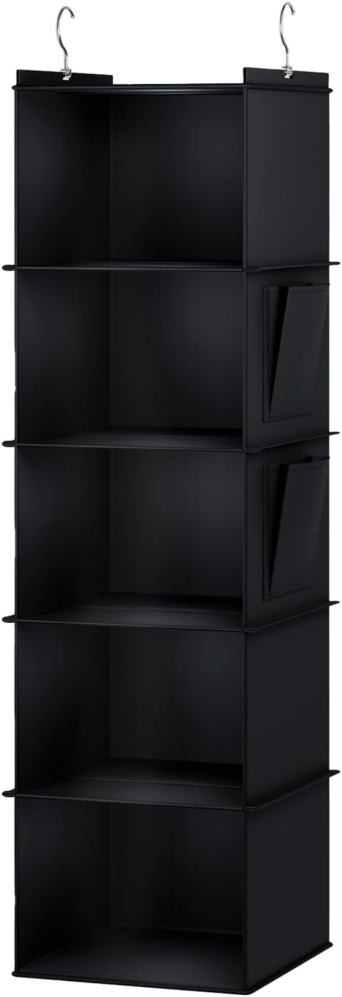 YOUDENOVA Hanging Closet Organizer and Storage for Clothes, 5-Shelf, Black | Locker/RV/Camper Organizer, 2 Side Pockets, Hanging Shelves for Small Closet, Dorm Room Essentials for Guys, Non-woven Fabric