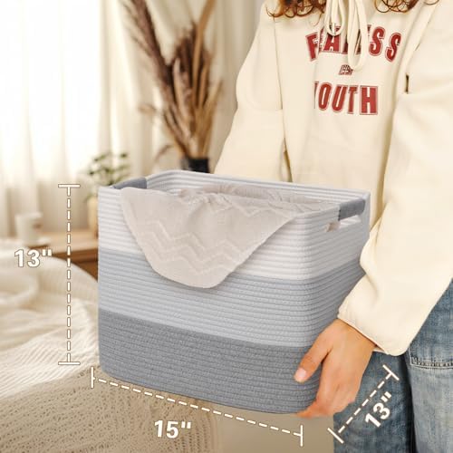 15×13 Inch Storage Cubes, 3 Pack Cube Storage Bins for Organizing, Cotton Rope Woven Baskets for Shelves, Bathroom, Kids Room, Closets, Baby Nursery