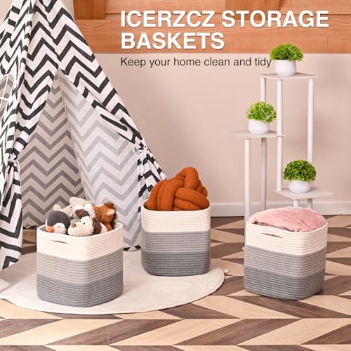 ICERZCZ 11 Inch Cube Storage Bins, Storage Cube Organizer Bins, Woven Cotton Rope Basket for Storage, Storage Baskets for Organizing Shelves, Grey Baskets for Toys, Gradient Grey (Pack of 3)