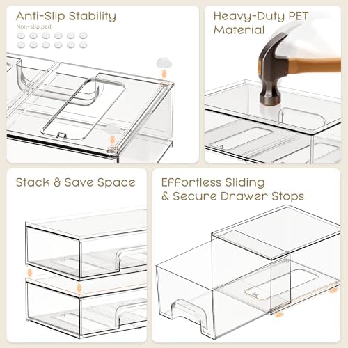 Criusia Stackable Storage Drawers, 6 Pack Clear Plastic Makeup & Bathroom Organizer, Versatile Storage Bins for Vanity, Under Sink, Kitchen Cabinets & Pantry