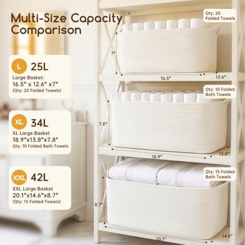 OIASKET XXL Large Empty Cotton Rope Gift Basket with Handles, 20.1"x14.6"x8.7" Decorative Woven Storage Basket with Gift Bag and Ribbon Set for Baby Shower, Toy Organizer for Kids, Dogs & Cats - White