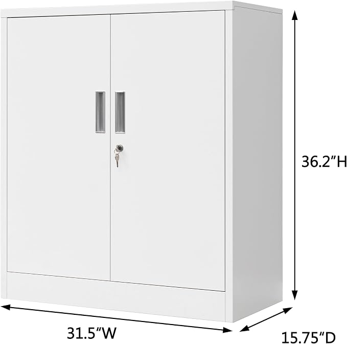 Wanfu Metal Storage Cabinet, 36" H Locking Storage Cabinet with 2 Adjustable Shelves for Garage, Home, Office, Utility Room-White