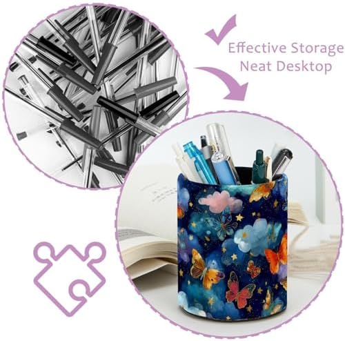 Faux Leather Pen Holder for Desk, Pencil Organizer Butterfly Pen Cup Desk Decor Makeup Brush Holder Storage for Office Home