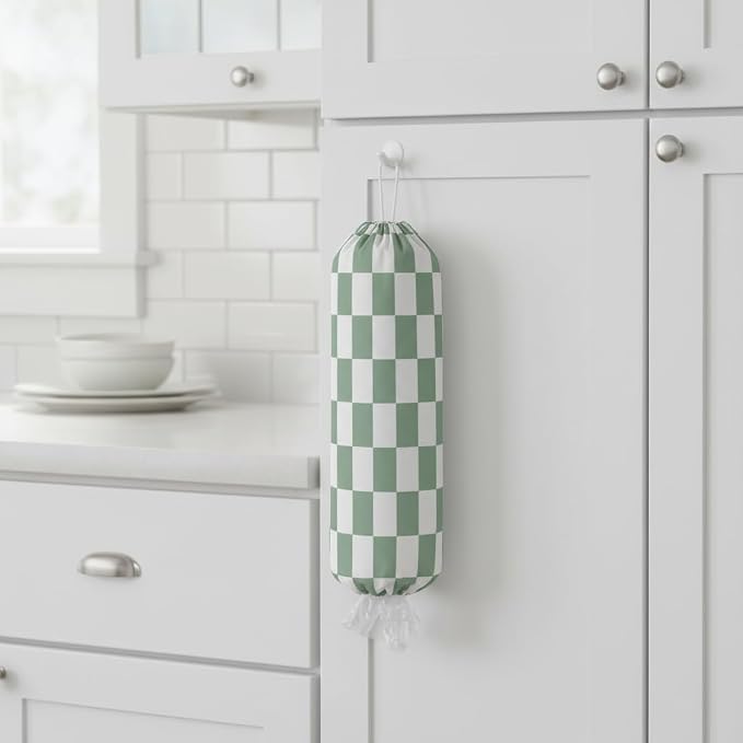 Plastic Bag Holder, Wall Mount Plastic Bag Organizer Dispenser Reusable Grocery Bag Organizer for Home Kitchen(Green Checkered)