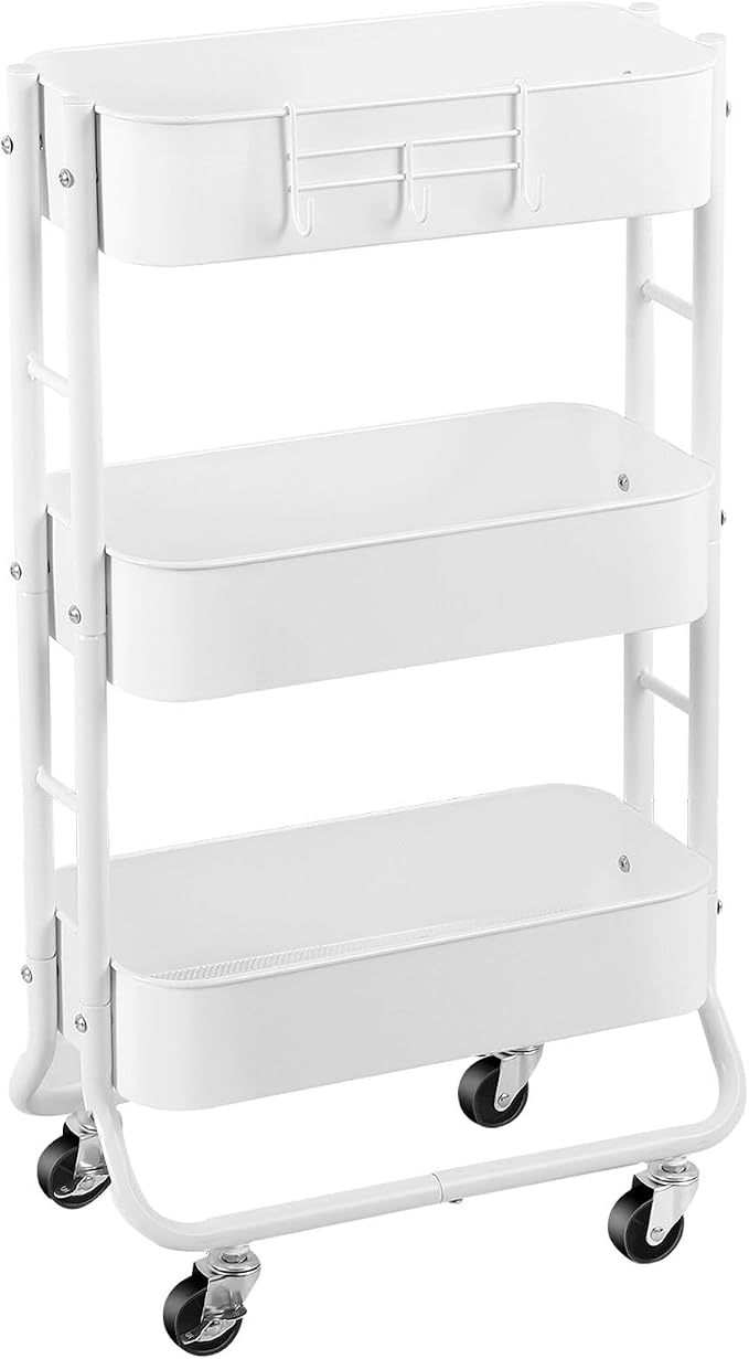 MAX Houser Slim 3-Tier Rolling Utility Cart with Extra Hook, White | Narrow Metal Bathroom Storage Multifunctional Organizer Carts with Wheels with Extra Hook, Laundry Room,Kitchen,Small Space