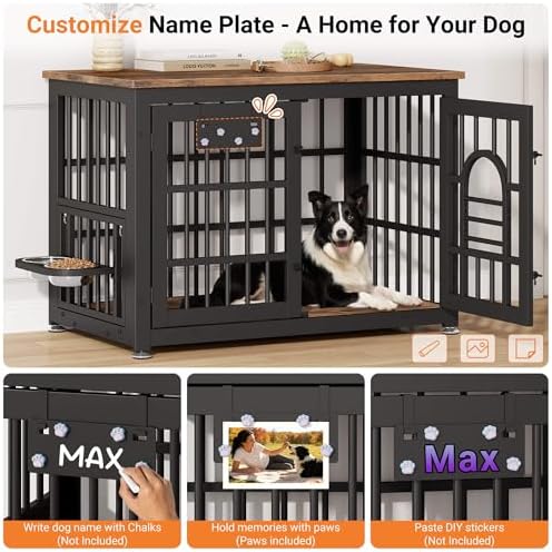 YaFiti 37.8" Dog Crate Furniture, Wooden Dog Kennel with Bowl, Rustic Brown | Adjustable Feeder, Name Tag, for Small/Medium Dogs, Chew-Resistant, Heavy Duty, Side End Table, Decorative Pet Cage