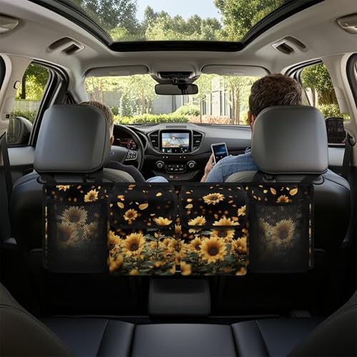 Sunflower Car Trunk Organizer Hanging Car Back Seat Storage Bag with 4 Large Pockets Multipurpose Collapsible Storage Bag Automotive Interior Accessories