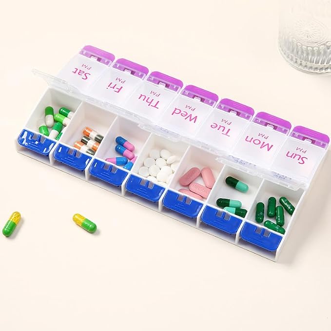 Daily Pill Case Organizer, 7-Day Weekly Medicine Planner Organizer | AM PM, Large Tray 14-Compartment Meds Box Container Pill Holder for Medication, Vitamin, Supplement, Fish Oil, Purple + Blue