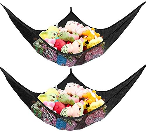 Stuffed Animal Net or Hammock, Stuffed Animal Net, Jumbo Toy Net Hammock for Stuffed Animals Wall Sling Corner Extra Large Kids Children Mesh Toy Net Organizer (Black 2 Pack, 70 inch)