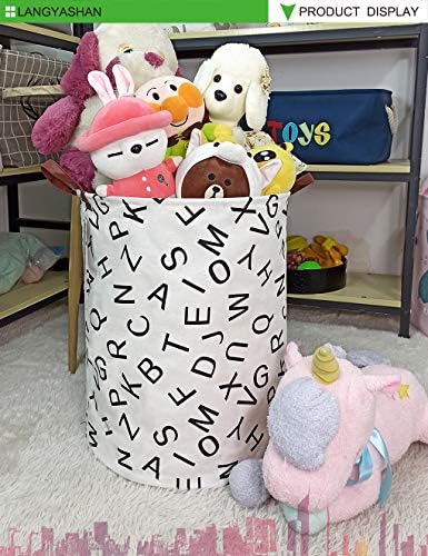 Round Laundry Basket Collapsible Storage Hamper Organizer Alphabet | Waterproof Canvas Foldable Baskets with sturdy Handles Multi-scene Organizer for Home Play Bedroom Gift Bin