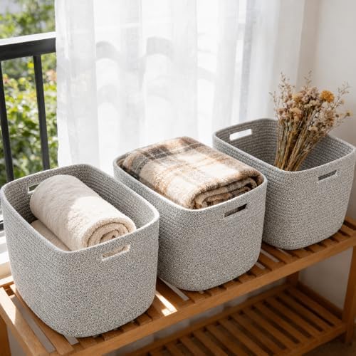 3 Pack Woven Baskets,Storage Baskets for Shelves with Handles | 13.5"×11"×9.5", Closet Baskets, Nursery Organizer for Toys Towels Books, Storage Bin for Living Room Bedroom (Mixed Grey)