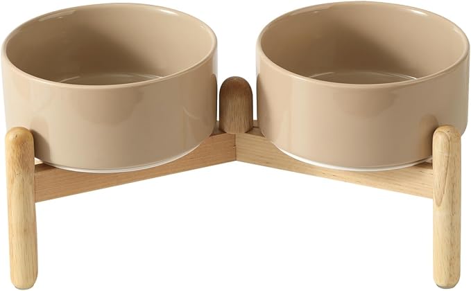 Havniva Ceramic Dog Bowls Elevated, Raised Dog Food Bowl for Small Dogs | 6.1” Elevated Dog Bowls, Non-Slip Wood Stand, Dog Food and Water Bowl Set, Dog Feeding Dish, Large Capacity Pet Water Bowl