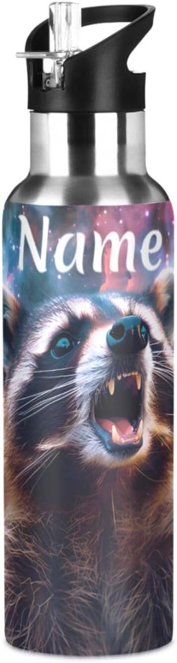 Custom Name Raccoon with Galaxy Water Bottle with Straw Lid Kids Insulated Stainless Steel Water Flask Sports, 20 Oz Hot Cold