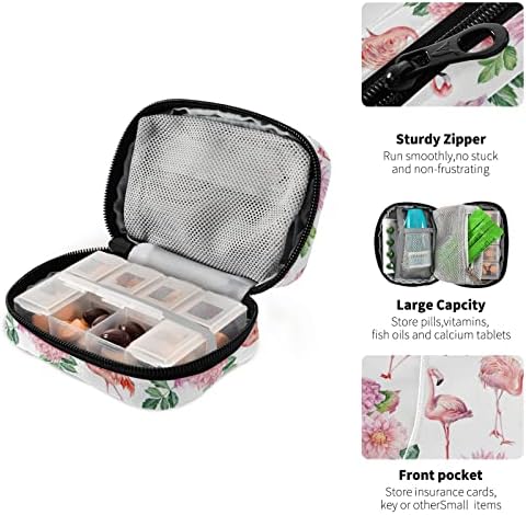 Hydrangea Flower Flamingo Pill Box 7 Day Pill Case Travel Pill Organizer Bag with Zipper Portable Weekly Case Compact Size for Vitamin Supplement Holder