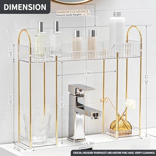 YCIA&DONE Bathroom Countertop Organizer Over the Faucet, Narrow Counter Organizers Above Sink, Table Mounted Shelf for Kitchen, Toilet, Laundry(White Clear)