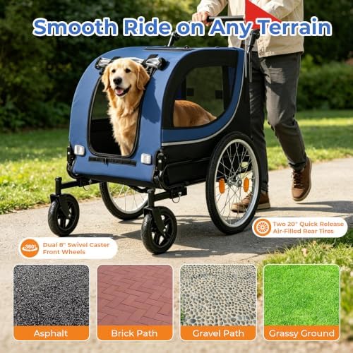 2-in-1 Pet Bike Trailer & Dog Stroller for Ebikes, Heavy-Duty Foldable | Heavy-duty powder-coated steel frame supports up to 100 lbs. 600D Oxford fabric is tear-resistant and sun-protective. Co