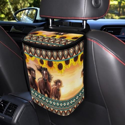 DISNIMO Sunflower Western Horse Car Trash Can with Lid Cute Car Accessories Leak Proof Car Trash Bag Hanging Car Garbage Can Multipurpose Storage Container for Back Seat Road Trip