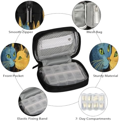Pill Organizer Box Blue Gold cat 7-Day Weekly Medicine Pill Case Travel Pill Container Portable Pill Holder Storage Purse Bag Small Compact Size for Vitamin Supplement Birth Control