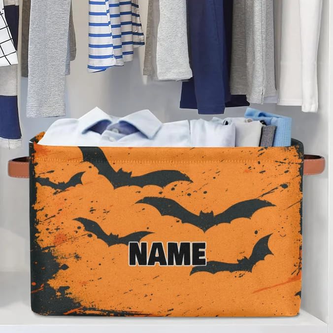 Personalized Storage Bins for Boys, Customized Name Watercolor Ink Orange Black Bat Storage Basket Rectangle Clothes Organizer for Organizing Kids and Pets Toys Shelf Closet