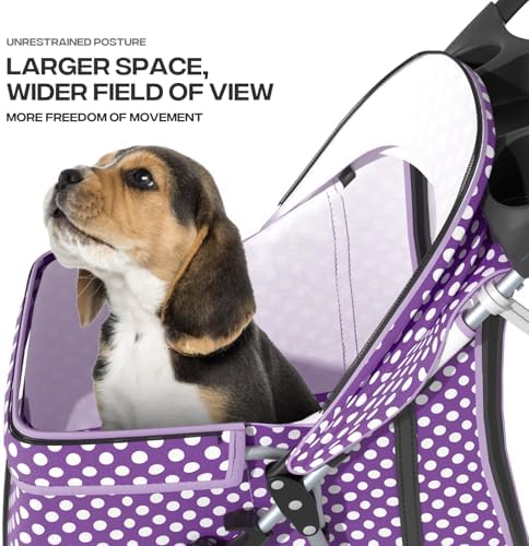 Foldable 3-Wheel Pet Stroller for Dogs & Cats, Purple Polka Dots | Storage Basket & Cup Holder, Breathable Mesh Cover, Lightweight and Durable, for Small to Medium Pets, up to 33 lbs