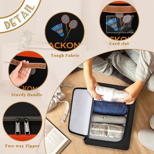 Custom Storage Basket with Zipper Lid, Badminton Theme Foldable Fabric Storage Boxes Decorative Closet Shelves Clothes Organizer Container Cubes with Handle 1PCS