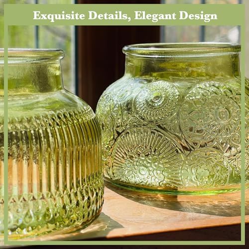 Decorative Green Glass Jars with Airtight Wooden Lids 2 pack, 25.4 fl. oz | Wide mouth vintage storage canister, kitchen pantry bathroom organization, coffee sugar tea cookie candy candle vase gift