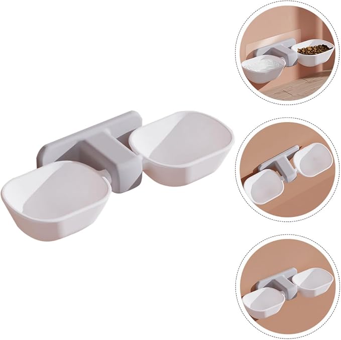 POPETPOP Wall-Mounted Pet Feeder Bowl Set, Dual Feeding Bowls for Cats and Dogs, White Plastic Food and Water Dish with Neck Protection, Space-Saving Wall Holder for Indoor Pets
