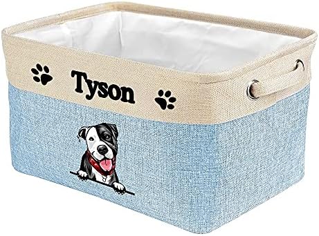 Custom Fabric Dog Toy Storage Basket with My Love Dog Pit Bull Collapsible Sturdy Fabric Pet Toys Storage Bin Cube with Handles for Organizing, Blue amd White