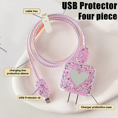 DIY Cable Protector Compatible for Apple iPhone Charger with Mirror,Cute Glitter Bling Love Heart Design,Data Line USB Case Wire Cable Saver Phone Charger Protector for iPhone (Pink)