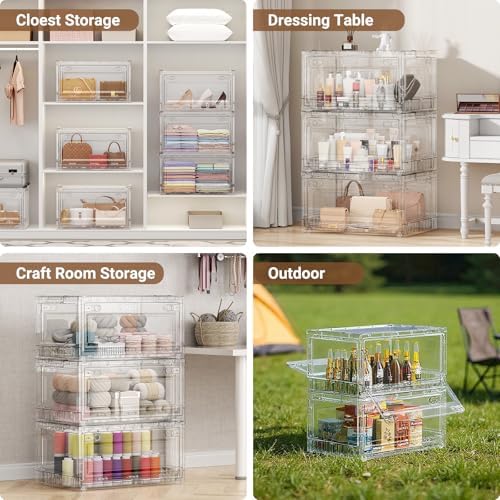 BROVIEW 240Qt Stackable Storage Bins with Lids Wheels, XL Clear Plastic Drawers Foldable Closet Organizers and Storage Cabinet Display Box Shelves with Front & Back Doors, for Home Room Office,3Pack