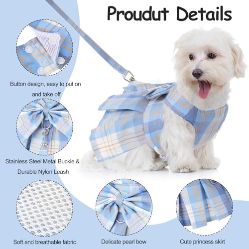 Potchen 4 Pcs Plaid Dog Dresses with Bow Harness and Leashes,M,Light Color