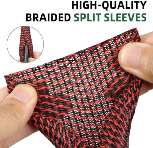 Split Wire Loom Tubing, Cable Protector Sleeve, Braided Cable Management for TV/Computer/Home Theater/Engine Bay, Cord Protectors from Pets No Chew (Red and Black, 1/2"-10ft)