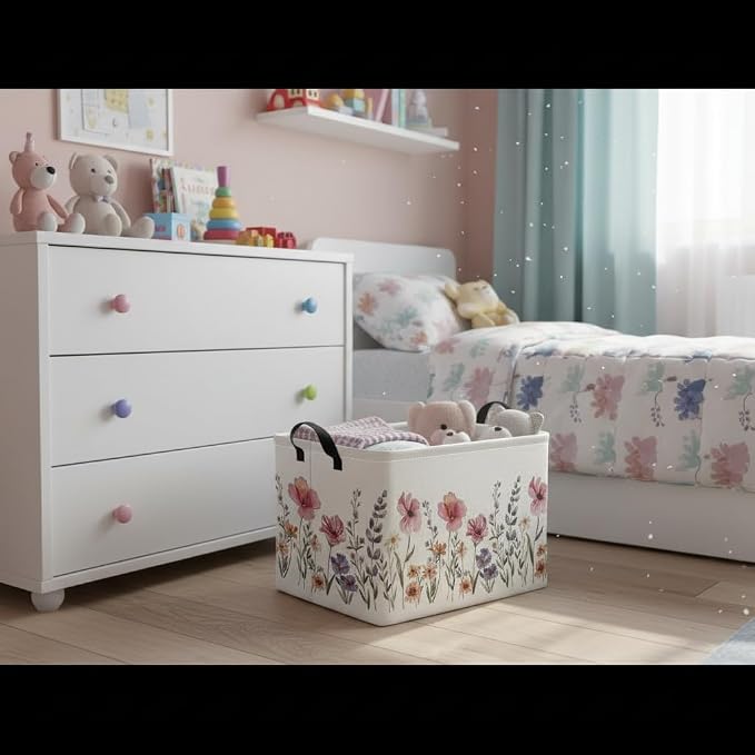 Rectangular Kids Basket Baby Girl Basket Fabric Storage Bin Organizer Box Room Decor(Flowers)