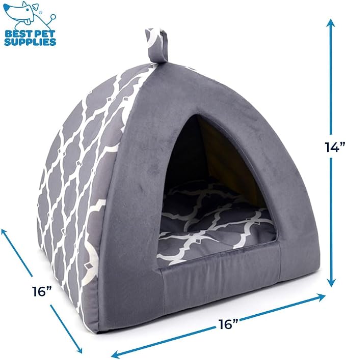 Best Pet Supplies Cat Bed for Indoor Cat, Domed Tent House with Removable Pillow, Covered Cat Cave for Small Dog, Puppies and All Breeds of Cats - Gray Lattice, 19 x 19 x H:19"