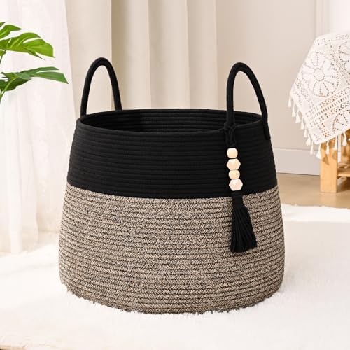 Large Nursery Hamper, 60L Blanket Basket with Handle, Baby Laundry Basket for Gift, Toy, Clothes, Woven Storage Basket with Wooden Bead Decor, Baby Hamper for Nursery (Black&Brown)
