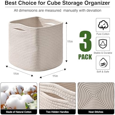 ICERZCZ 11 Inch Cube Storage Bins, Organizer Bins, Woven Cotton Rope Baskets for Storage, Storage Baskets for Organizing Shelves, White Basket for Toys, Off White (Pack of 3)