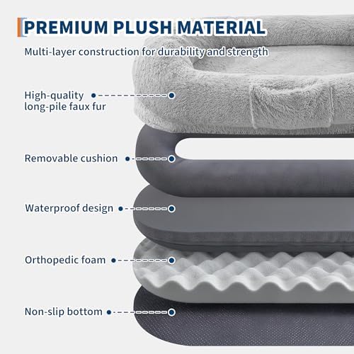 Human Dog Bed for Adults and Pets, Giant Orthopedic Memory Foam Napping Bed with Washable Fluffy Faux Fur, Oversized Bean Bag Dog Bed with Side Pocket & Carry Strap for Living Room & Bedroom