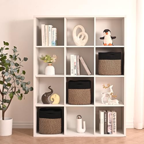 ICERZCZ 11 Inch Cube Storage Bins, Storage Cube Organizer Bins, Woven Cotton Rope Baskets for Storage, Storage Basket for Organizing Shelves, Square Baskets for Toys Nursery, Black & Jute (Pack of 3)