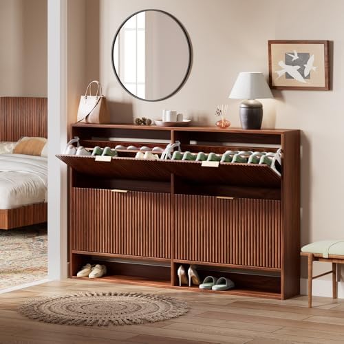 Evermagin 47.2''W Walnut Shoe Cabinet Storage for Entryway, Fluted Slim Shoe Dresser with 4 Flip Drawers, Narrow Shoe Rack Cabinet, Hidden Shoe Organizer Cabinet for Entrance, Hallway