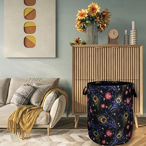 Peacock Feather Laundry Basket Foldable Oxford Cloth Hamper 18.9"x16.5"