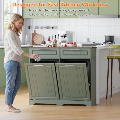 Double 10 Gallon Tilt Out Trash Can Cabinet with Deodorizing Function and Power Outlet, Wooden Hidden Garbage Can Holder with 2 Storage Drawers for Kitchen, Laundry Hamper Cabinet for Bathroom, Green