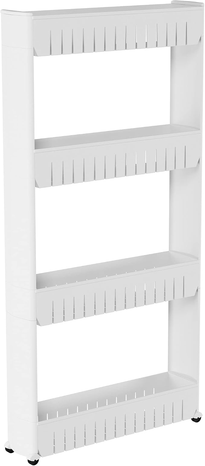 Lavish Home 4-Tier Storage Organizer Rack, White, 21.5” x 5” x 40” | Plastic Rolling Cart for Office, Dorm, Bedroom, Bathroom, and Laundry Room Organizing