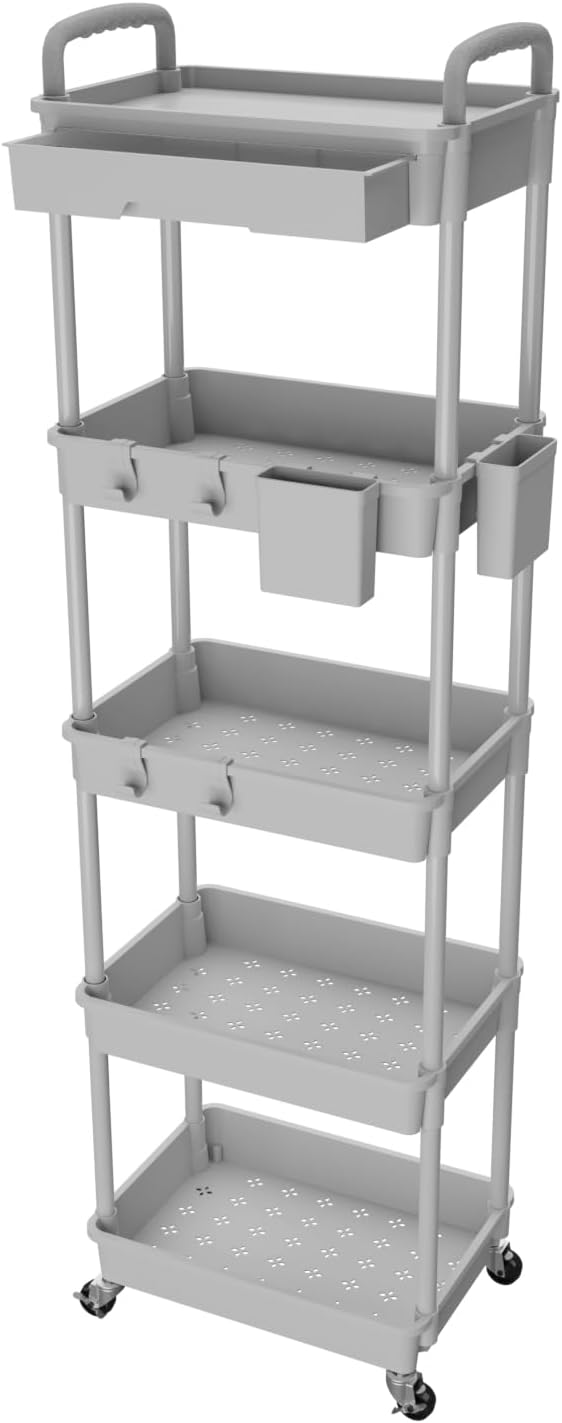 5 Tier Rolling Utility Cart with Drawer,REBECAT Utility Cart Made of Multifunctional Storage Organizer Tool for Kitchen,Bathroom,Living Room,Office(Gray)