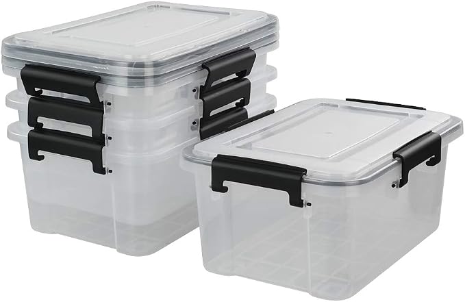 4-pack 10 Liter Clear Plastic Storage Box with Latch Clip/Seal Lid | Food Storage Containers, Latching Bin with Lid, Stackable, Durable