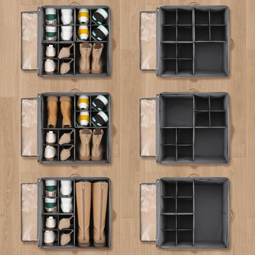 INSTY 2 Pack Shoe Organizer for Closet, Fits up to 32 Pairs, Adjustable Dividers for Shoe Storage, Fabric Shoe Storage Bins with Clear Cover, Beige and Grey