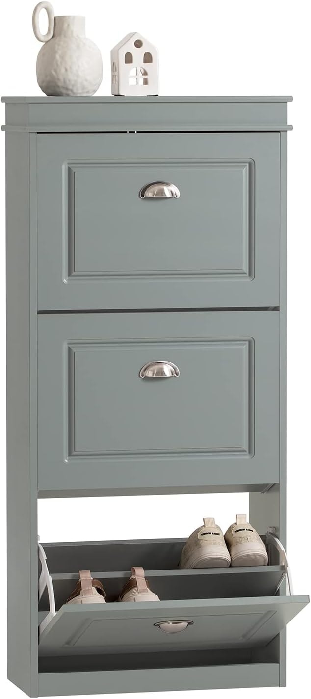 Haotian FSR94-HG, Grey Shoe Storage Cabinet with 3 Flip Drawers, Freestanding Shoe Rack, Shoe Storage Cupboard Organizer(9.4" D x 20.9" W x 46.1" H) | Freestanding Shoe Rack for Entryway, Shoe Organizer with Hidden Drawer, Grey, FSR94-HG