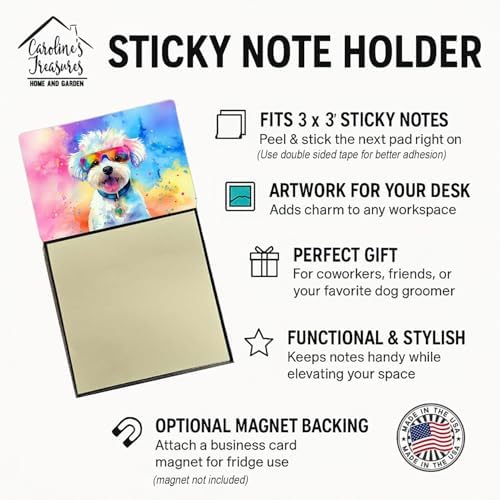 Caroline's Treasures Bichon Frise Hippie Dawg Sticky Note Holder Refillable Dispenser Self-Sticky Note Pads, Memo Pads Blank Desk Accessories