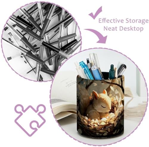 Faux Leather Pen Holder for Desk, Pencil Organizer Squirrel Pen Cup Desk Decor Makeup Brush Holder Storage for Office Home