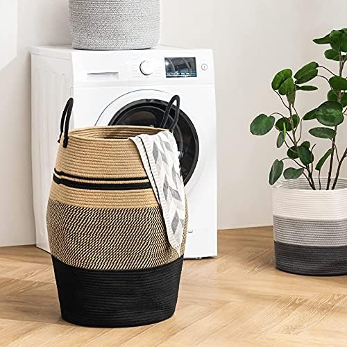 Large Laundry Basket Hamper Woven Blanket Basket Clothes Hamper | 105L Tall Clothes Hamper, Rope Wicker Laundry Basket, Storage Basket for Toys, Dirty Cothes in Bedroom, Living Room Organizer