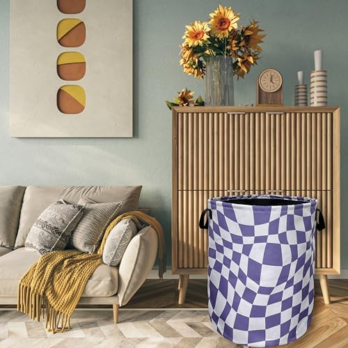Purple Checkerboard Laundry Basket Oxford Cloth Hamper 18.9"x16.5"